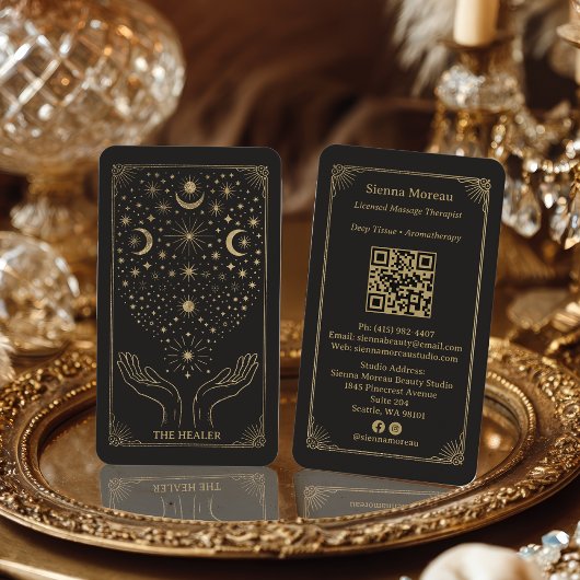 Gold Retro Celestial Tarot Massage Reiki QR Visitenkarte