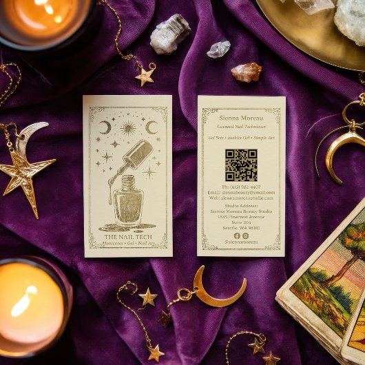 Gold Retro Celestial Tarot Nageldesigner QR Code Visitenkarte