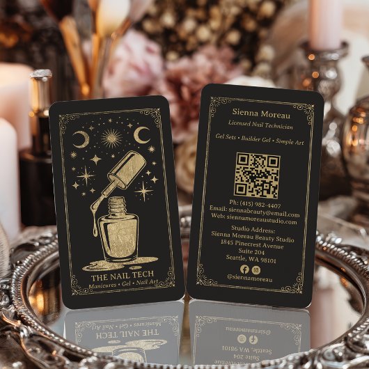 Gold Retro Celestial Tarot Nail artist QR Code Visitenkarte