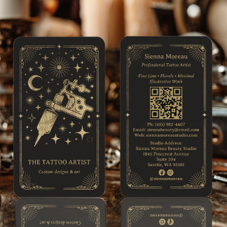 Gold Retro Celestial Tarot Tattoo artist QR Visitenkarte