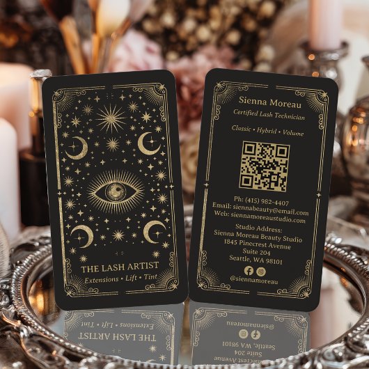 Gold Retro Celestial Tarot Wimpernstylist QR Code Visitenkarte