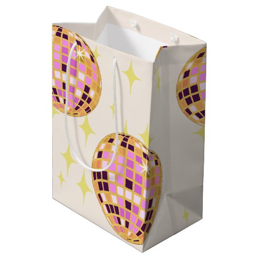 Gold Retro Diskothek Ball Beige Mittlere Geschenktüte (Rückseite Schrägansicht)