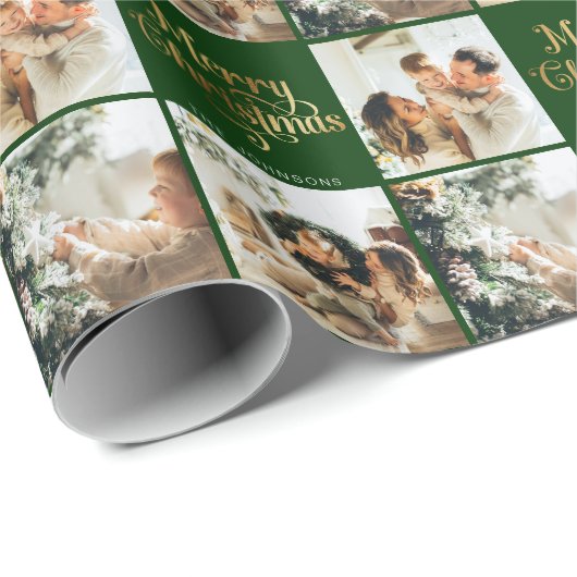 Gold Retro Frohe Weihnachtsfamilie 3 Foto Collage Geschenkpapier (Rolleneckpunkt)