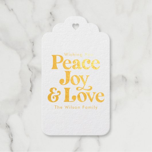 Gold Retro Peace Joy & Liebe Weihnachtsfamilie Geschenkanhänger (Vorderseite)