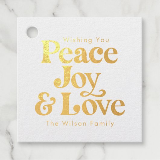 Gold Retro Peace Joy & Liebe Weihnachtsfamilie Geschenkanhänger (Vorderseite)