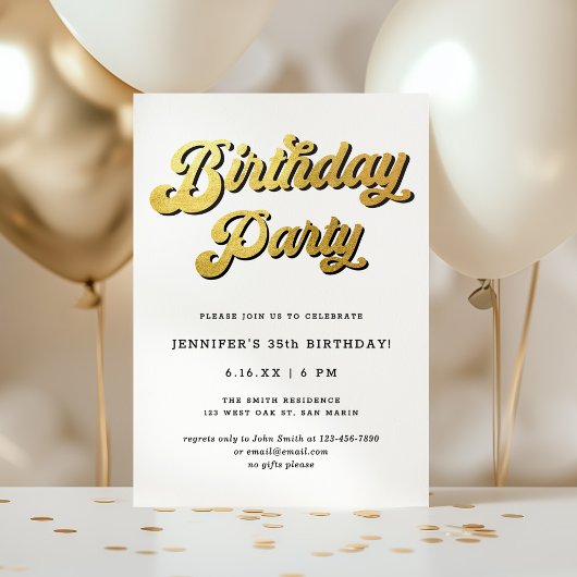 Gold Retro Script Black & White Birthday Party Einladung