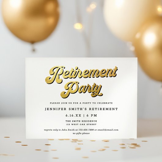 Gold Retro Script Black & White Retirement Party Einladung