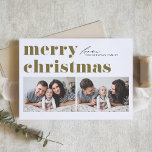 Gold Retro Typografie Frohe Weihnachten Zwei Foto<br><div class="desc">Frohe Weihnachten! Senden Sie Ihre Weihnachtsgrüße an Familie und Freunde mit dieser anpassbaren Foto Weihnachtskarte. Es zeichnet sich durch Retro-fett Typografie aus. Personalisieren Sie diese,  indem Sie Ihre Daten hinzufügen. Diese Weihnachtskarte ist auch auf anderen Cardstock erhältlich. Matching-Elemente sind verfügbar.</div>