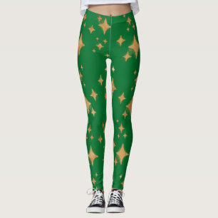 Gold Retro Weihnachtssterne auf Grün Leggings