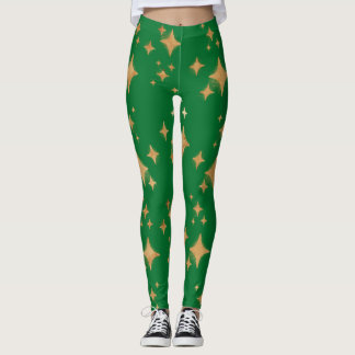 Gold Retro Weihnachtssterne auf Grün Leggings