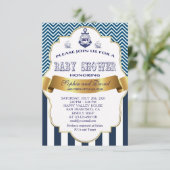 Gold Ribbon Blue Stripes Waves Anchor BABY SHOWER Einladung (Stehend Vorderseite)