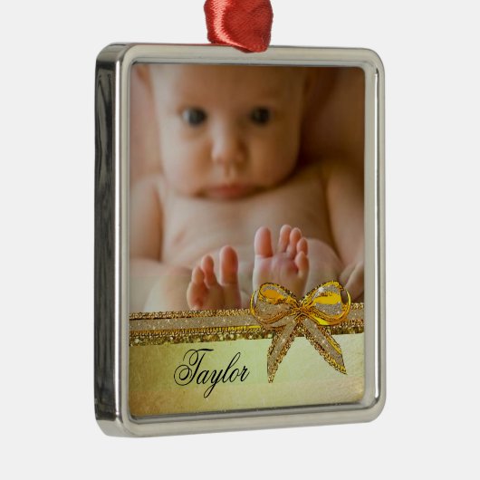Gold Ribbon & Bow Baby Foto Ornament Keepsakes (Rechts)