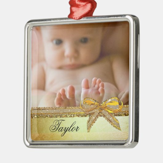 Gold Ribbon & Bow Baby Foto Ornament Keepsakes (Links)