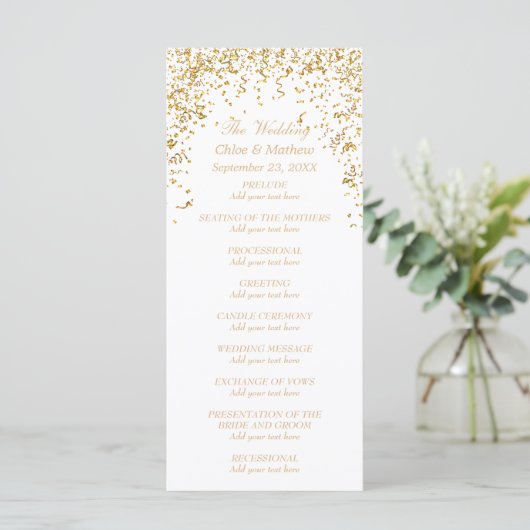 Gold Ribbon Confetti Wedding Program Programm (Stehend Vorderseite)