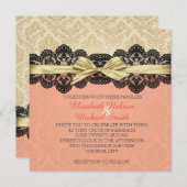 Gold Ribbon Damask Spitzen Korallenhochzeit Einlad Einladung (Vorne/Hinten)