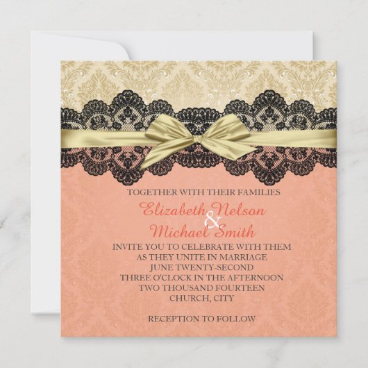 Gold Ribbon Damask Spitzen Korallenhochzeit Einlad Einladung (Vorderseite)