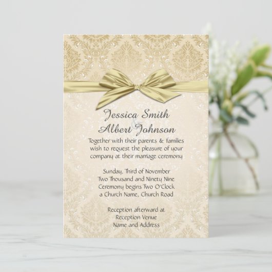Gold Ribbon Gold Damask Hochzeitsempfang Einladung (Stehend Vorderseite)