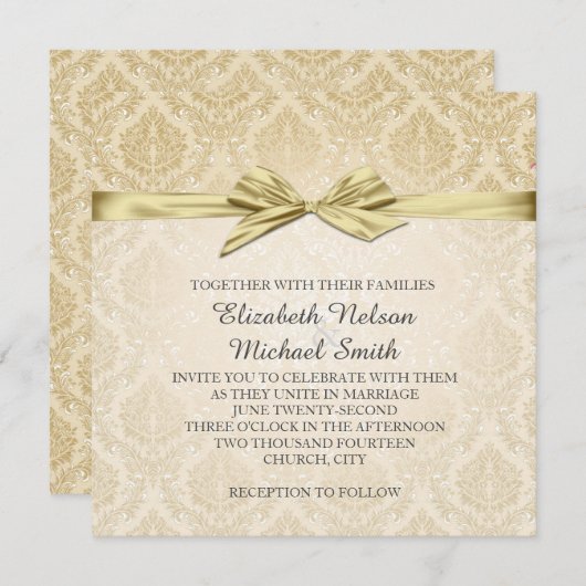 Gold Ribbon Gold Damask Hochzeitsempfang Einladung (Vorne/Hinten)