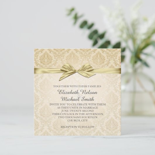 Gold Ribbon Gold Damask Hochzeitsempfang Einladung (Stehend Vorderseite)