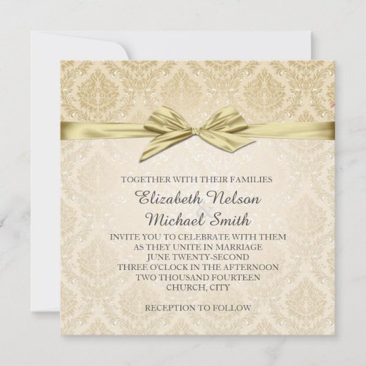 Gold Ribbon Gold Damask Hochzeitsempfang Einladung (Vorderseite)