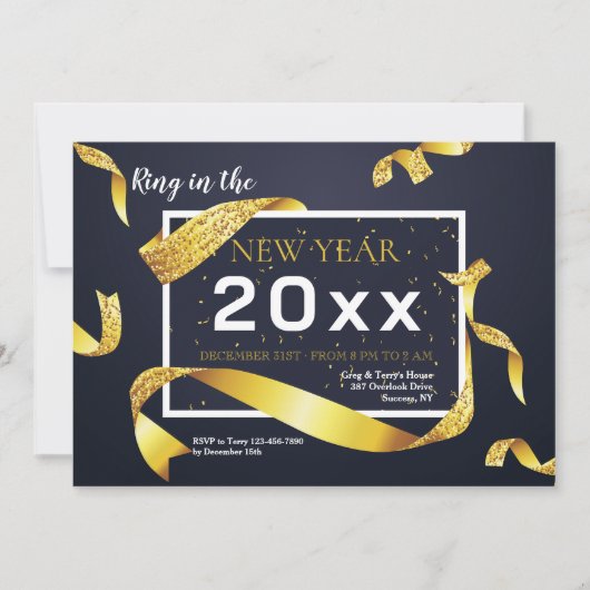Gold Ribbon New Year Party Invitation Einladung (Vorderseite)