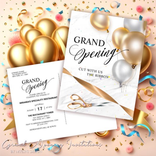 Gold Ribbon Silver Balloons Scissors Grand Opening Einladungspostkarte
