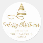 Gold Ribbon Tree Frohe Weihnachtsschrift Runder Aufkleber (Vorderseite)