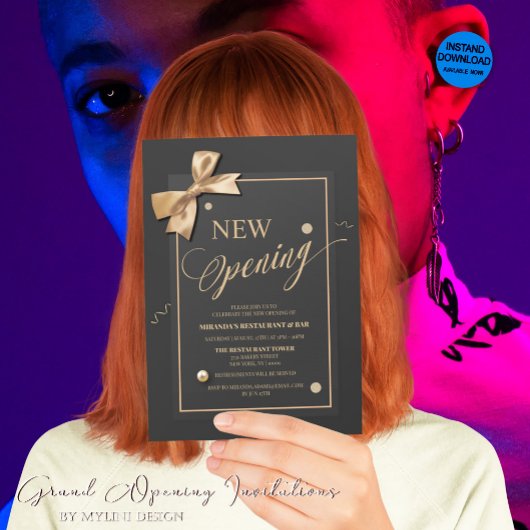 Gold Ribbon Typografy Restaurant New Opening Einladung