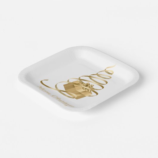 Gold Ribbon Weihnachtsbaum präsent Pappteller (Gewinkelt)