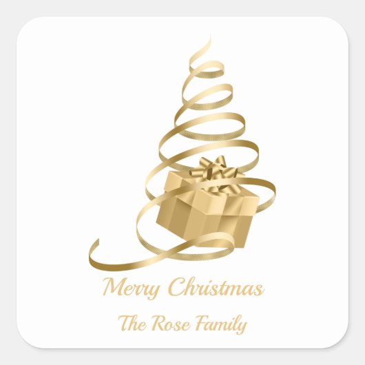 Gold Ribbon Weihnachtsbaum Present Sticker (Vorderseite)