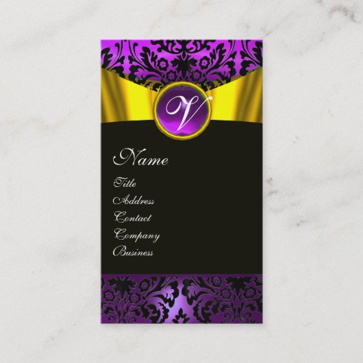 GOLD RIBBON YELLOW BLACK LILA DAMASK MONOGRAMM VISITENKARTE (Vorderseite)