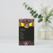 GOLD RIBBON YELLOW BLACK PINK DAMASK MONOGRAMM VISITENKARTE (Stehend Vorderseite)