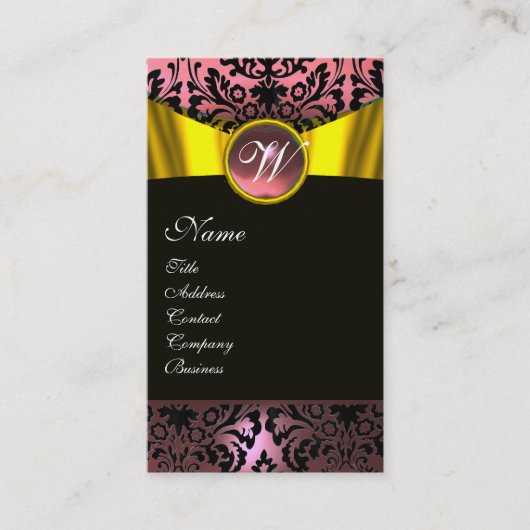 GOLD RIBBON YELLOW BLACK PINK DAMASK MONOGRAMM VISITENKARTE (Vorderseite)