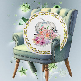 Gold Rim White Pumpkin Fall Floral Watercolor Rundes Kissen