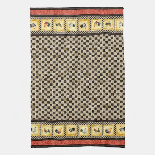 Gold Roosters Red & Tan Karo Swirl Küche Küchentuch (Vertikal)