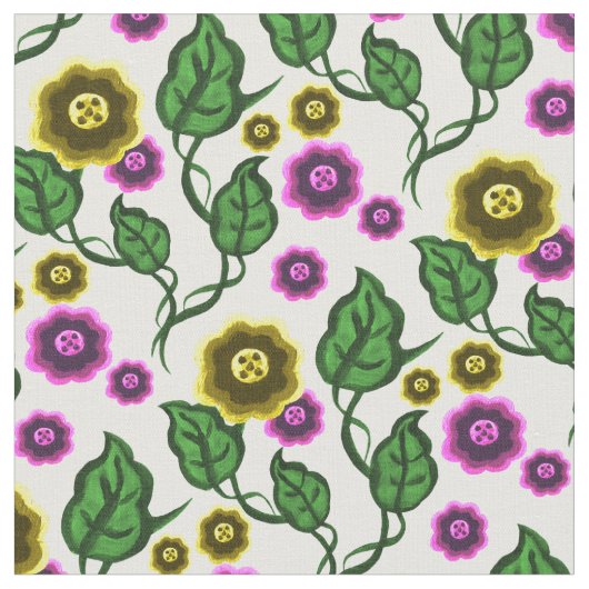 Gold/Rosa Blume/grüne Blätter/Folkblume Stoff (Nahaufnahme)