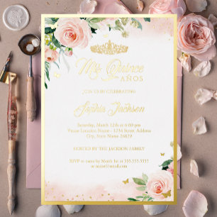 Gold Rosa Blumen Quinceanera Geburtstag  Folieneinladung