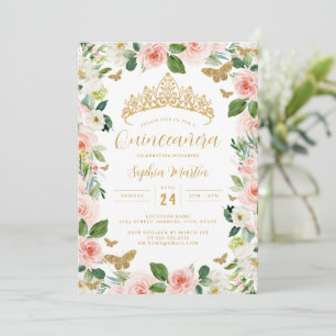 Gold Rosa Blumenkrone Schmetterling Quinceanera  Einladung