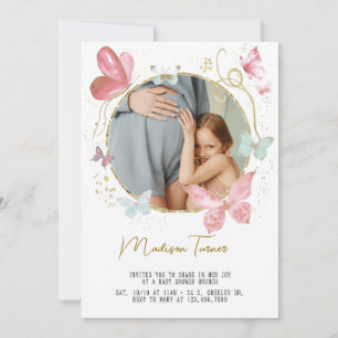 Gold Rosa Florale Schmetterling Baby Shower Foto Einladung