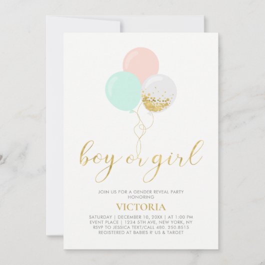 Gold, Rosa, Minze | Gender Reveal Baby Shower Einladung (Vorderseite)