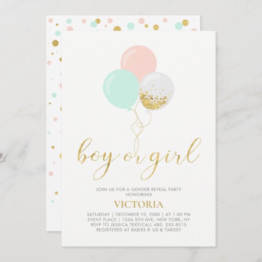 Gold, Rosa, Minze | Gender Reveal Baby Shower Einladung (Vorne/Hinten)