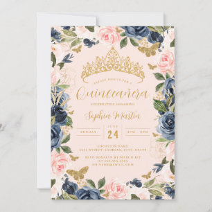 Gold Rosa Navy Floral Schmetterling Foto Quinceane Einladung