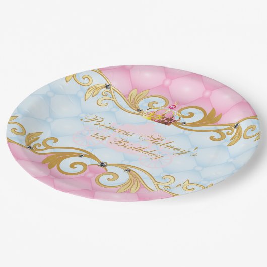 Gold-, Rosa-und Baby-Blau-Prinzessin Party Pappteller (Schrägansicht)