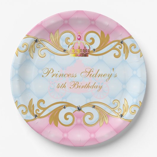Gold-, Rosa-und Baby-Blau-Prinzessin Party Pappteller (Vorderseite)