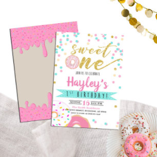 Gold Rosa Wasserfarben Donut Sweet One 1. Geburtst Einladung