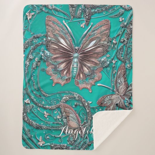 Gold Rose Aquamarin Butterfly Personalisierter Nam Sherpadecke (Vorderseite)