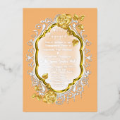 Gold Rose auf einem Goldrahmen mit weißer Spitze.  Folieneinladung (Vorderseite)