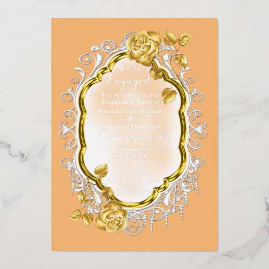 Gold Rose auf einem Goldrahmen mit weißer Spitze.  Folieneinladung (Vorderseite)