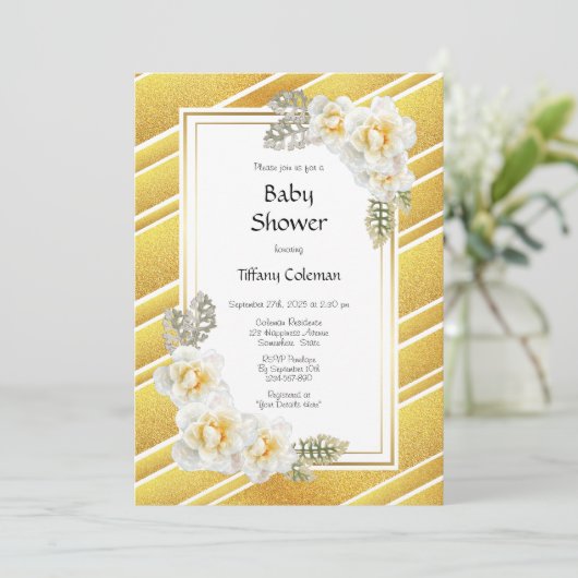 Gold Rose Baby Dusche Einladung (Stehend Vorderseite)