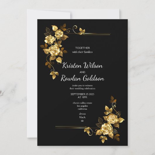 Gold-Rose-Blume auf Schwarz Einladung (Vorderseite)